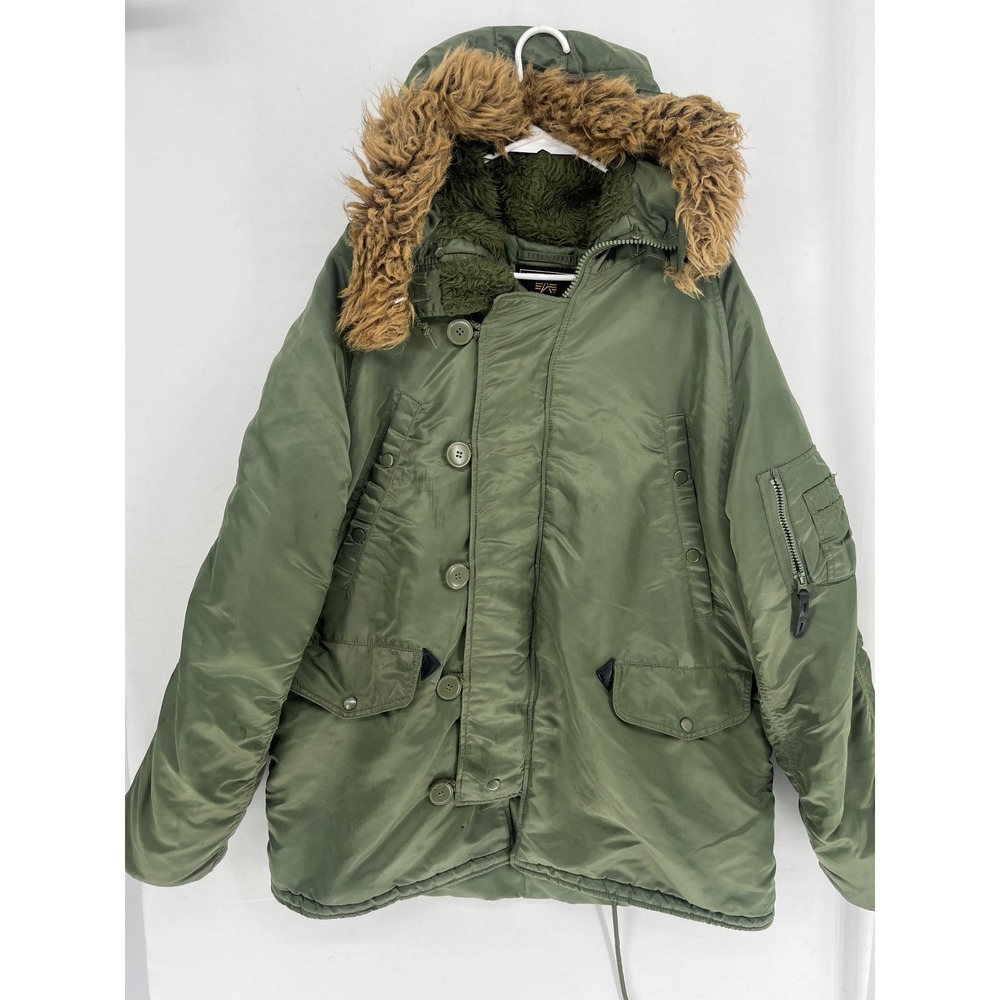 Alpha Industries N-3B Parka Mens XL Faux Fur Hood Sage Green Flight Jacket